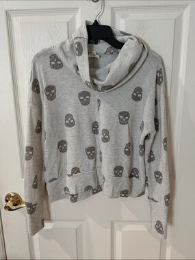 Cozie by Pink Rose Light Gray Cowl Neck Skull Print Sweater supersoft medium